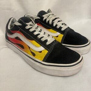 Vans Shoes Women 7.5 Black Old Skool Suede Classic Hot Rod Flames Fire Sneakers